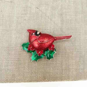 Vintage Red Cardinal Christmas Holiday Brooch with Green Leaves Enamel